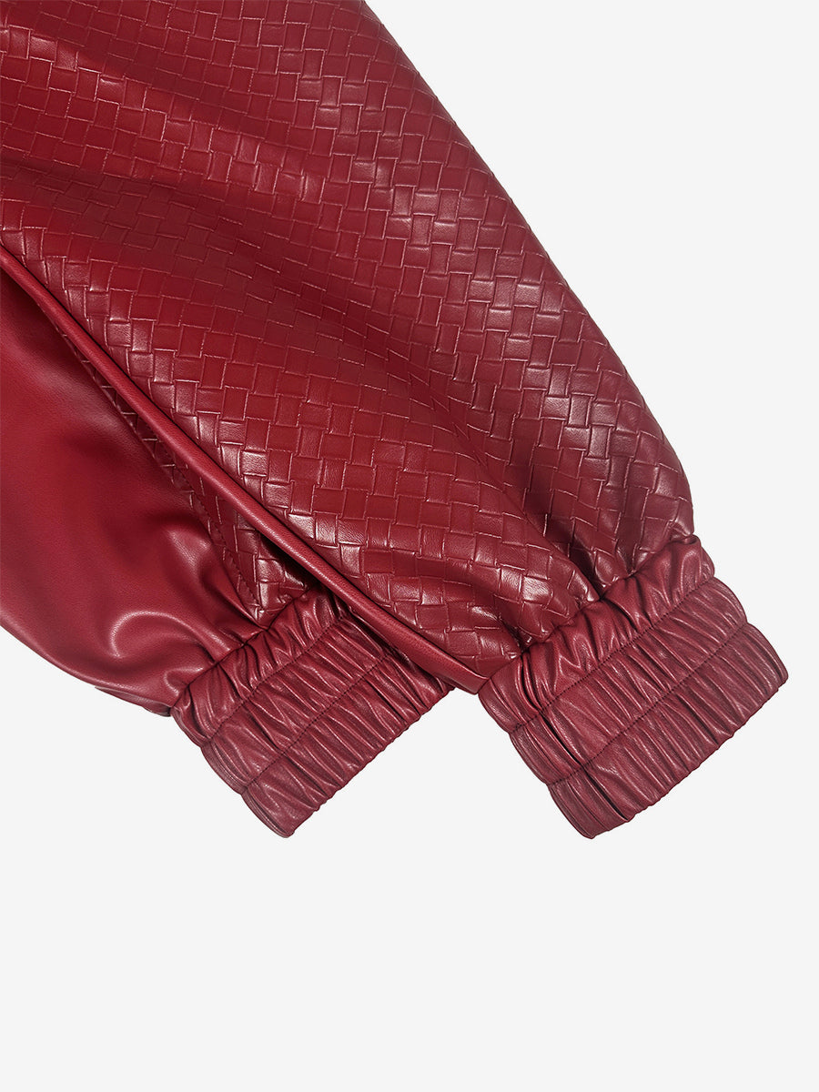 Woven Pattern Faux Leather Bomber For Women - Textured Zip Up Cropped Jacket - Spring Biker Streetwear 2026