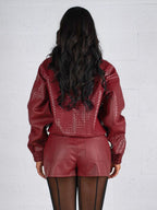 Woven Pattern Faux Leather Bomber For Women - Textured Zip Up Cropped Jacket - Spring Biker Streetwear 2026