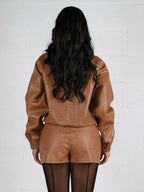 Woven Pattern Faux Leather Bomber For Women - Textured Zip Up Cropped Jacket - Spring Biker Streetwear 2026