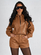 Woven Pattern Faux Leather Bomber For Women - Textured Zip Up Cropped Jacket - Spring Biker Streetwear 2026