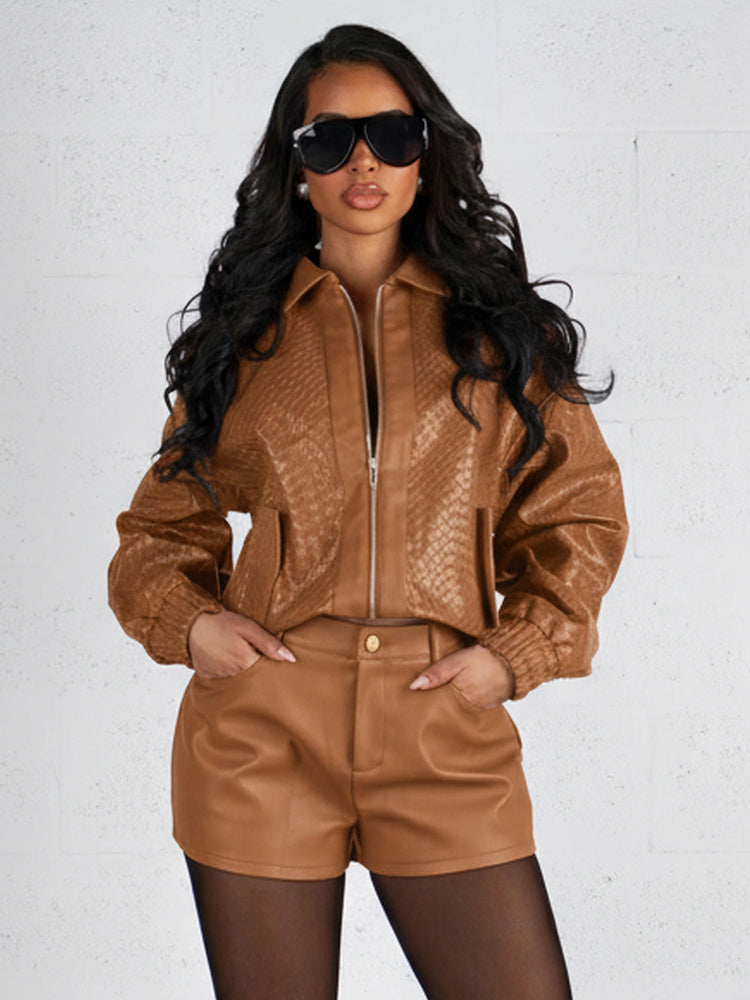 Woven Pattern Faux Leather Bomber For Women - Textured Zip Up Cropped Jacket - Spring Biker Streetwear 2026