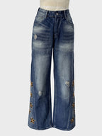 Cutout Flower Wide Leg Jeans For Women - Medium Wash Vintage Distressed Y2K Pants - Spring Festival Streetwear 2026