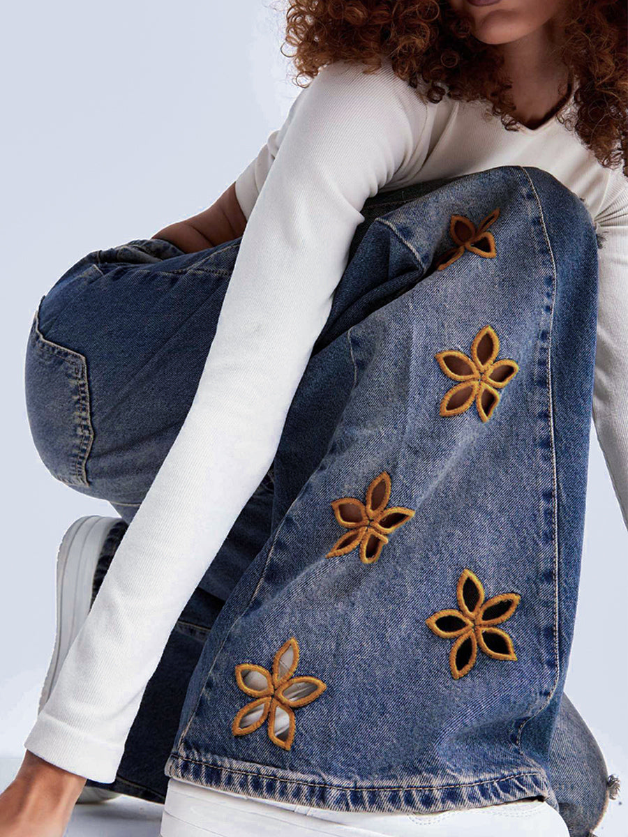 Cutout Flower Wide Leg Jeans For Women - Medium Wash Vintage Distressed Y2K Pants - Spring Festival Streetwear 2026