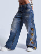 Cutout Flower Wide Leg Jeans For Women - Medium Wash Vintage Distressed Y2K Pants - Spring Festival Streetwear 2026