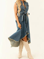 High Low Denim Midi Dress For Women - Medium Wash Sleeveless Bow Tie Waist Gown With Pockets - Summer Festival Wear 2026