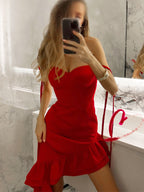 Red Bodycon Ruffle Slip Dress For Women - Slim Fit High Slit Asymmetrical Long Cami - Summer Night Out Party 2026