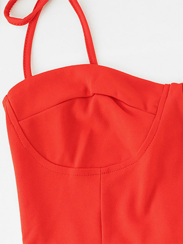 Red Bodycon Ruffle Slip Dress For Women - Slim Fit High Slit Asymmetrical Long Cami - Summer Night Out Party 2026