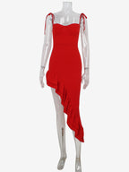Red Bodycon Ruffle Slip Dress For Women - Slim Fit High Slit Asymmetrical Long Cami - Summer Night Out Party 2026