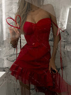 Red Bodycon Ruffle Slip Dress For Women - Slim Fit High Slit Asymmetrical Long Cami - Summer Night Out Party 2026