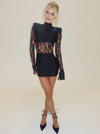 Sheer Lace Patchwork Mini Dress For Women - Bodycon High Neck Padded Shoulder Gown - Spring Night Out Party Clubwear 2026