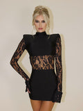 Sheer Lace Patchwork Mini Dress For Women - Bodycon High Neck Padded Shoulder Gown - Spring Night Out Party Clubwear 2026