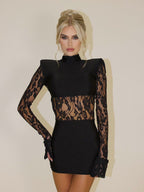 Sheer Lace Patchwork Mini Dress For Women - Bodycon High Neck Padded Shoulder Gown - Spring Night Out Party Clubwear 2026