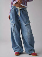Baggy Cargo Jeans For Women - Washed Retro Y2K Low Rise Drawstring Wide Leg Pants - Spring Streetwear 2026