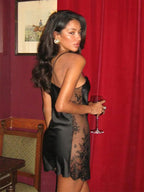 Satin Slip Mini Dress For Women - Sexy Black Sheer Lace Side Bodycon - Summer Night Out Clubwear 2026