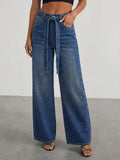 Rhinestone Wide Leg Jeans For Women - Washed Blue Y2K Belted Sparkly Straight Denim - Spring Party Night Out 2026