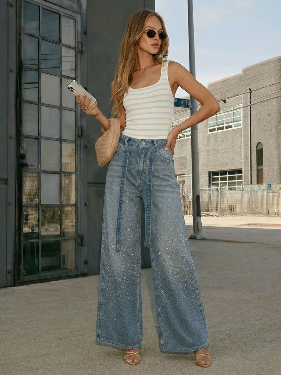 Rhinestone Wide Leg Jeans For Women - Washed Blue Y2K Belted Sparkly Straight Denim - Spring Party Night Out 2026