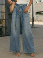 Rhinestone Wide Leg Jeans For Women - Washed Blue Y2K Belted Sparkly Straight Denim - Spring Party Night Out 2026