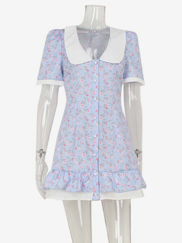 Floral Mini Dress For Women - Light Blue Cottagecore Peter Pan Collar Puff Sleeve Sundress - Summer Picnic Date Night 2026