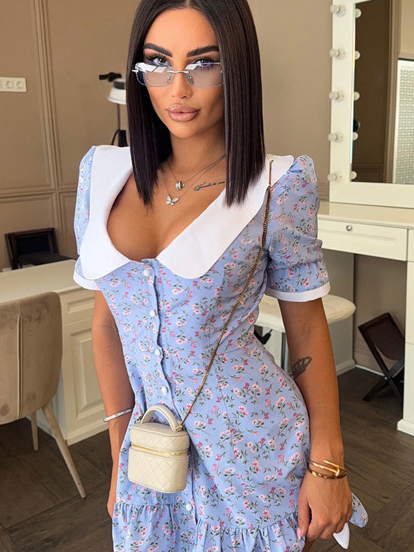Floral Mini Dress For Women - Light Blue Cottagecore Peter Pan Collar Puff Sleeve Sundress - Summer Picnic Date Night 2026