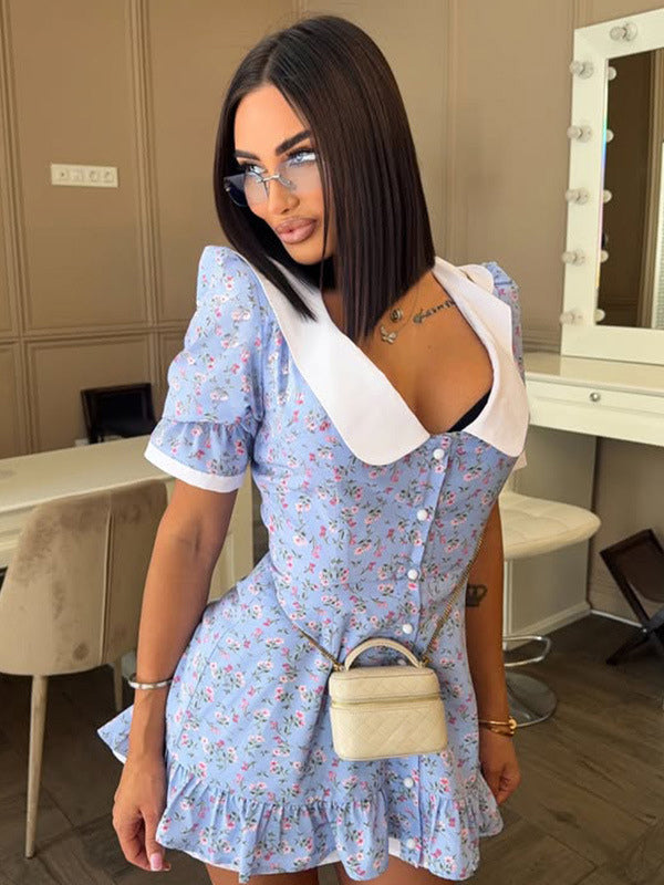 Floral Mini Dress For Women - Light Blue Cottagecore Peter Pan Collar Puff Sleeve Sundress - Summer Picnic Date Night 2026