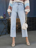 Light Blue Jeans For Women - Casual Tie Waist Raw Hem Straight Denim - Spring Outdoor Daily 2026