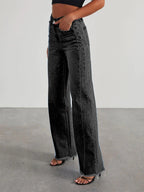 Seam Front Wide Leg Jeans For Women - Retro Raw Hem Washed Denim - Spring Casual Streetwear 2026