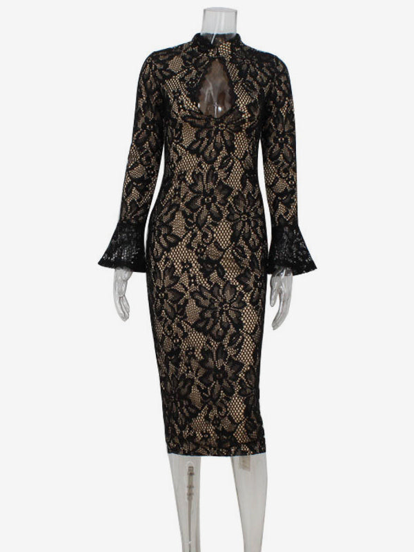 Lace Bodycon Midi Dress For Women - Black Vintage Keyhole Bell Sleeve Back Slit Sheath Dress - Spring Cocktail Party 2026