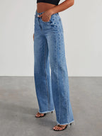 Seam Front Wide Leg Jeans For Women - Retro Raw Hem Washed Denim - Spring Casual Streetwear 2026