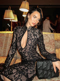 Lace Bodycon Midi Dress For Women - Black Vintage Keyhole Bell Sleeve Back Slit Sheath Dress - Spring Cocktail Party 2026