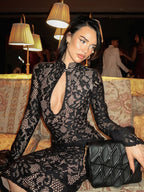 Lace Bodycon Midi Dress For Women - Black Vintage Keyhole Bell Sleeve Back Slit Sheath Dress - Spring Cocktail Party 2026