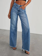 Seam Front Wide Leg Jeans For Women - Retro Raw Hem Washed Denim - Spring Casual Streetwear 2026