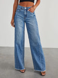 Seam Front Wide Leg Jeans For Women - Retro Raw Hem Washed Denim - Spring Casual Streetwear 2026