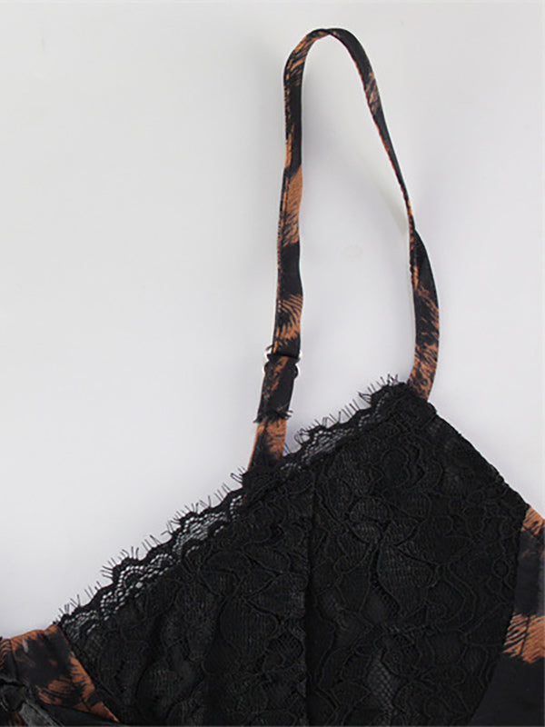 Leopard Print Women Mini Slip Dress - Brown Y2K Lace Patchwork Cami Slip Fit Flare - Summer Club Party Night Out 2026