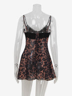 Leopard Print Women Mini Slip Dress - Brown Y2K Lace Patchwork Cami Slip Fit Flare - Summer Club Party Night Out 2026