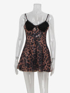 Leopard Print Women Mini Slip Dress - Brown Y2K Lace Patchwork Cami Slip Fit Flare - Summer Club Party Night Out 2026