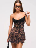 Leopard Print Women Mini Slip Dress - Brown Y2K Lace Patchwork Cami Slip Fit Flare - Summer Club Party Night Out 2026