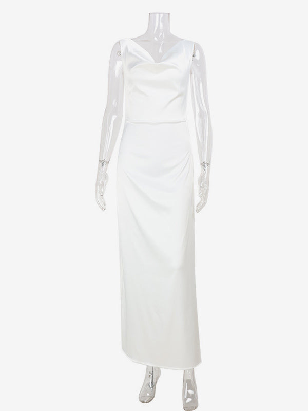 White Satin Women Maxi Dress - Elegant Silk Style Cowl Neck Backless Sleeveless Gown - Summer Evening Party Prom 2026