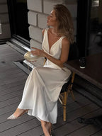 White Satin Women Maxi Dress - Elegant Silk Style Cowl Neck Backless Sleeveless Gown - Summer Evening Party Prom 2026