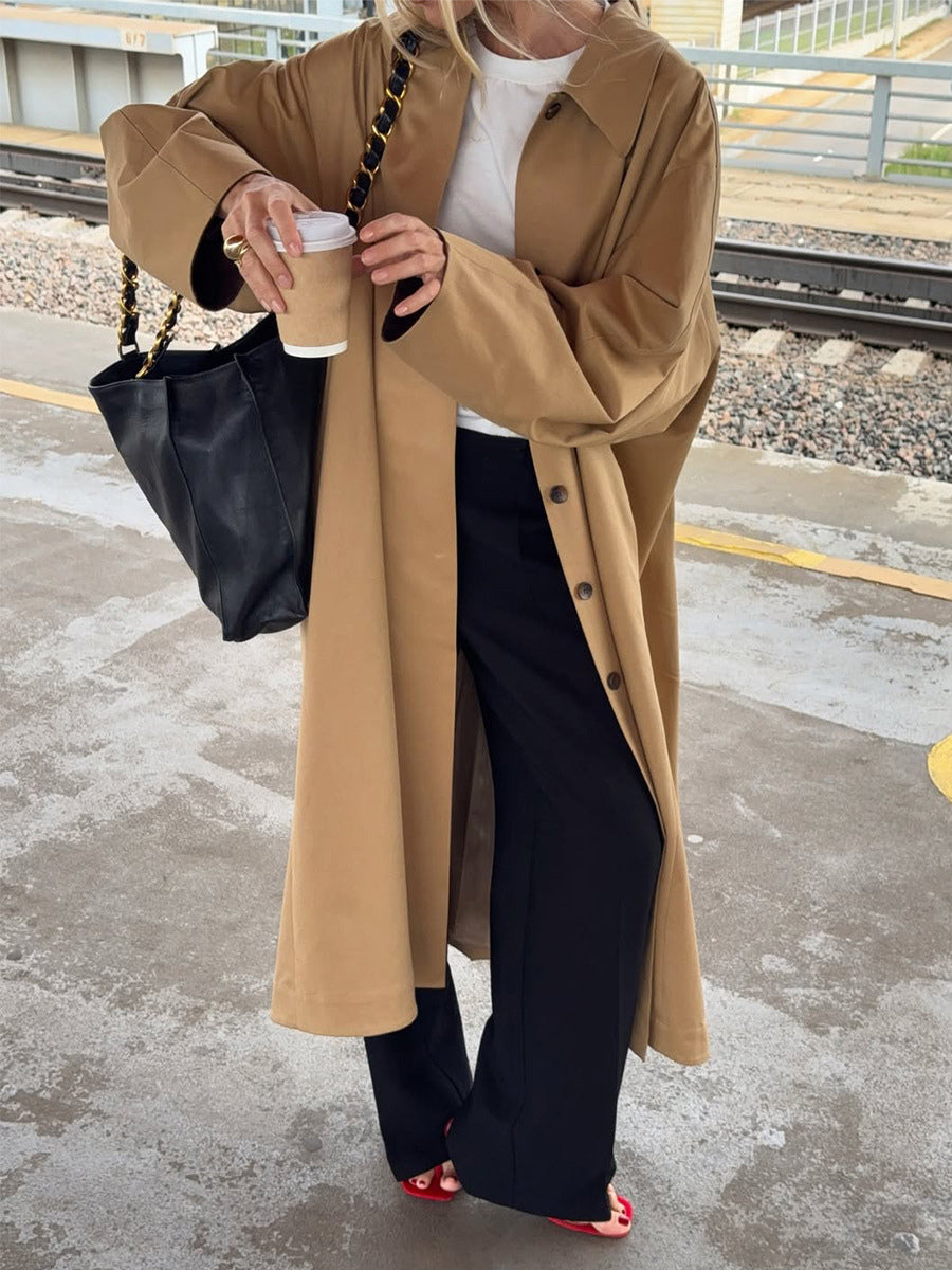 Classic Long Trench Coat For Women - Khaki Minimalist Single-Breasted Relaxed Fit Dust Coat - Spring Office-to-dinner Outerwear 2026