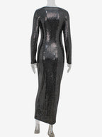 Shimmery Sequin Ruched Maxi Dress For Women - Black Boat Neck Long Sleeve Bodycon Gown - Spring Gala Party 2026
