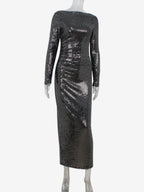 Shimmery Sequin Ruched Maxi Dress For Women - Black Boat Neck Long Sleeve Bodycon Gown - Spring Gala Party 2026