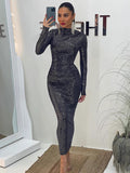 Shimmery Sequin Ruched Maxi Dress For Women - Black Boat Neck Long Sleeve Bodycon Gown - Spring Gala Party 2026