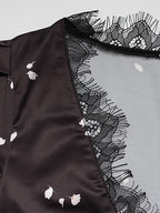 Satin Lace Patchwork Maxi Dress For Women - Black Floral Print V-Neck Short Sleeve Slim Fit - Summer Night Out 2026