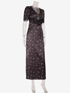 Satin Lace Patchwork Maxi Dress For Women - Black Floral Print V-Neck Short Sleeve Slim Fit - Summer Night Out 2026