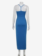 Blue High Slit Cami Maxi Dress For Women - Sexy Spaghetti Strap Bodycon Sundress - Summer Beach Vacation 2026