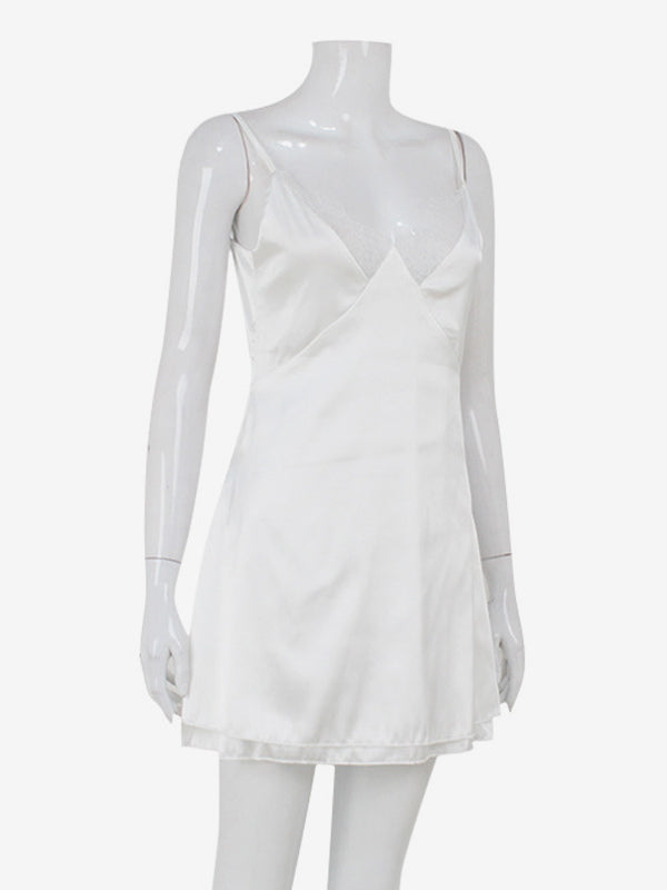 Satin Lace Trim Slip Dress For Women - White Sexy V-Neck Spaghetti Strap Mini Camisole - Summer Date Night 2026