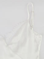 Satin Lace Trim Slip Dress For Women - White Sexy V-Neck Spaghetti Strap Mini Camisole - Summer Date Night 2026
