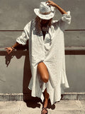 Eyelet Embroidery Maxi Dress For Women - White Boho V-Neck Oversized Ruffle Hem Kaftan - Summer Beach Vacation 2026