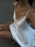 Satin Lace Trim Slip Dress For Women - White Sexy V-Neck Spaghetti Strap Mini Camisole - Summer Date Night 2026