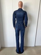 Washed Denim Flare Jumpsuit For Women - Dark Blue Long Sleeve Cotton Bootcut Romper - Spring Streetwear 2026